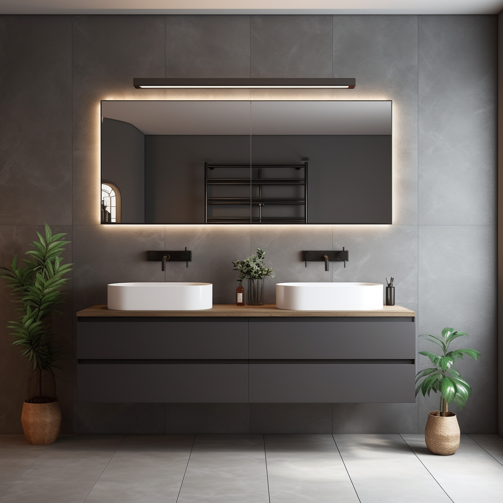 Antrasit asma dolap, ahşap tezgâh, iki beyaz lavabo ve aydınlatılmış geniş ayna içeren banyo konsepti.