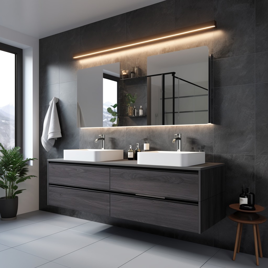 Koyu ahşap dolabın üzerinde duran iki beyaz lavabo, uzun aynalarla birlikte dengeli bir ikili oluşturuyor.