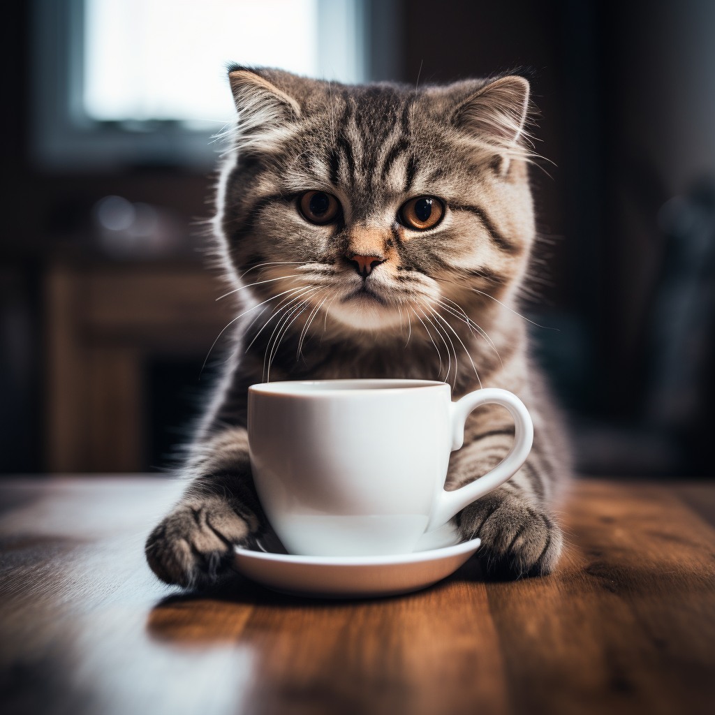 Beyaz fincanın arkasında duran kedi, patileriyle küçük bir masa sahnesinin merkezine yerleşiyor.