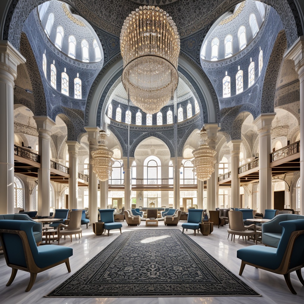Desenli kubbeler ve yüksek kemerler, geniş karşılama salonunun üstünde katmanlı bir örtü oluşturuyor.