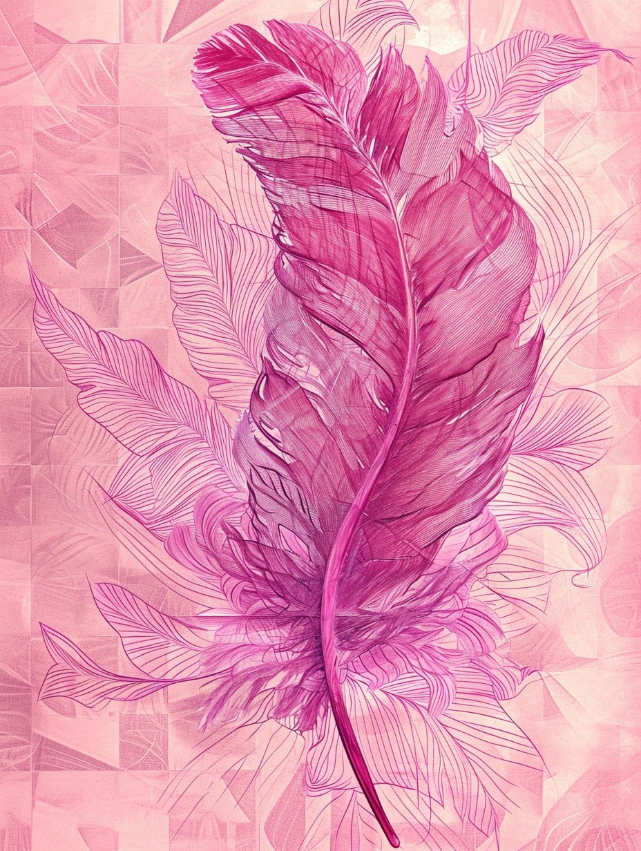 Pembe bir tüy, ince çizgiler ve saydam katmanlar arasında merkezde beliriyor.